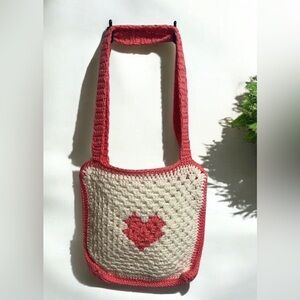 Handmade Crochet Heart Bag - Pink and Cream